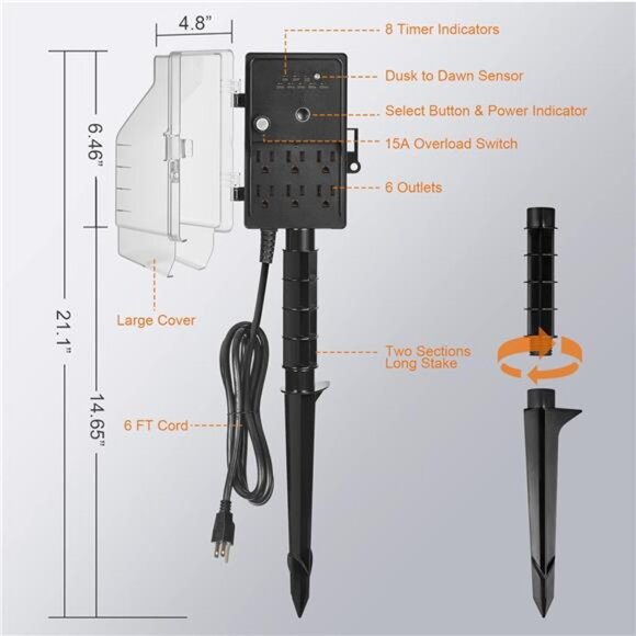 Outdoor Power Stake Light Timer, Dusk to Dawn, 6 Electrical Outlet Power Strip - Picture 7 of 8